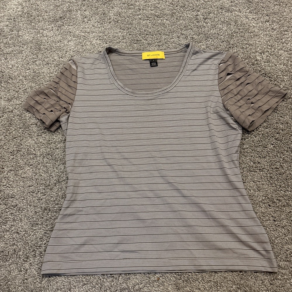 St. John Top Womens Medium Striped Pullover Shirt Office Stretch Layered Sleeves